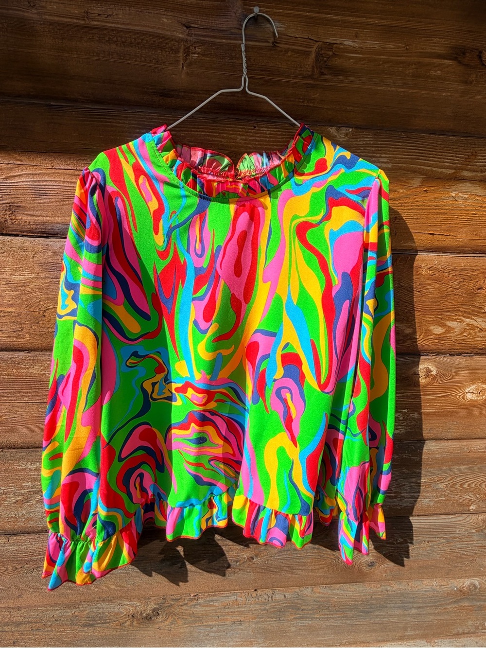 Neon Swirl Ruffle-Hem Blouse - Multicolor